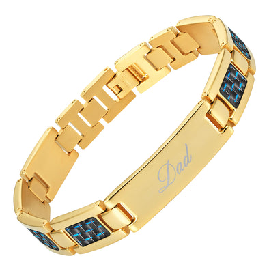 Men's DAD Titanium Bracelet engraved LOVE YOU DAD with Blue Carbon Fiber