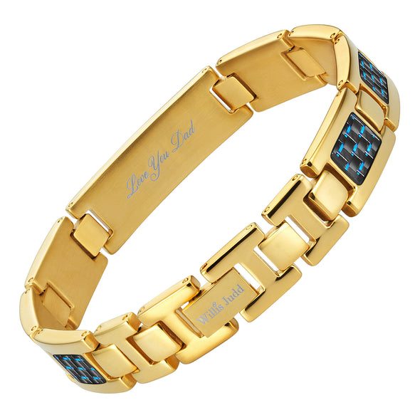 Men's DAD Titanium Bracelet engraved LOVE YOU DAD with Blue Carbon Fiber