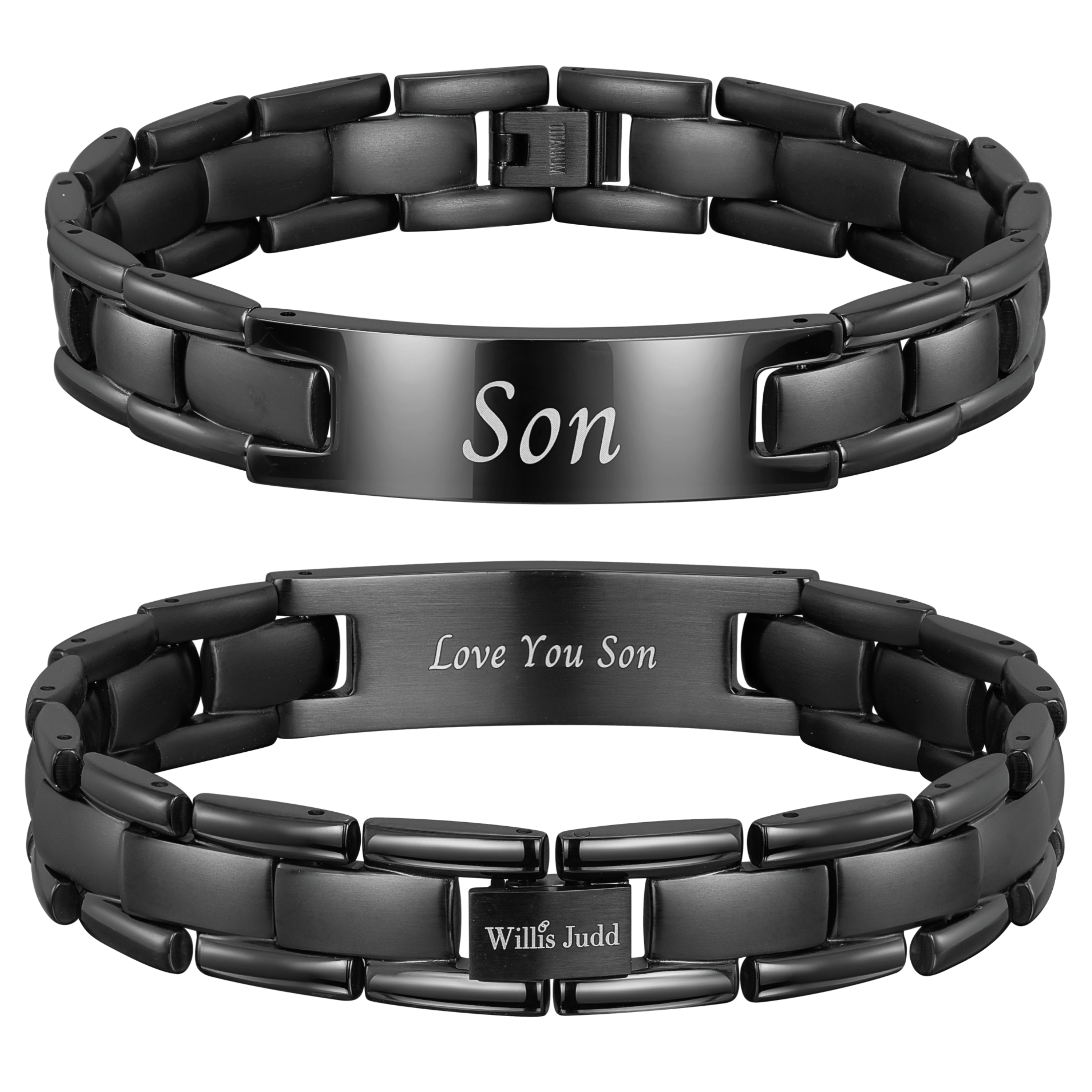 'Love you Son' Etched bracelets From mum Dad. Black Titanium
