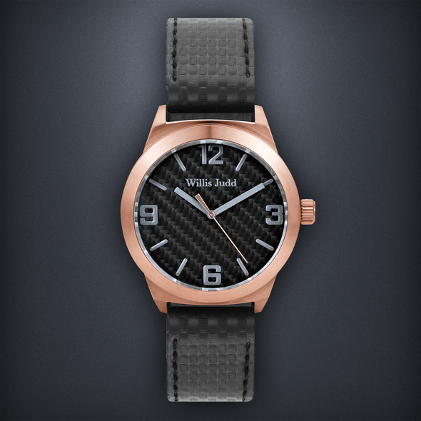 Rose Gold PVD with Black Carbon Fiber