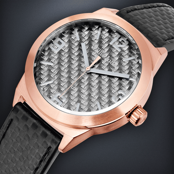 Rose Gold PVD with Graphite Carbon Fiber