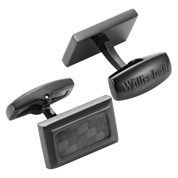 Willis Judd Men’s Black Stainless Steel with Black Carbon FIber Cufflinks with Gift Pouch