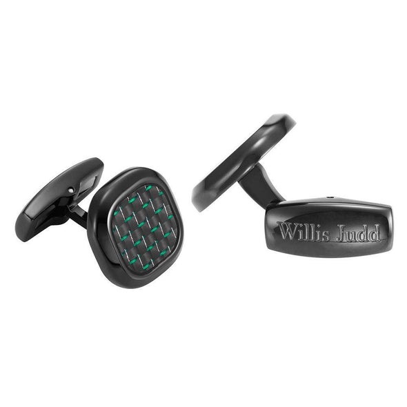 Willis Judd Men’s Black Stainless Steel with Green Carbon FIber Cufflinks with Pouch