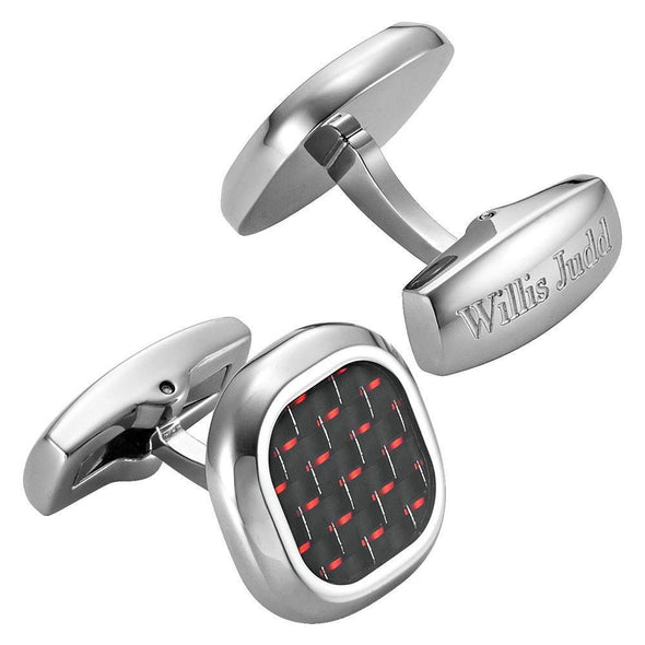 Willis Judd Men’s Stainless Steel with Red Carbon FIber Cufflinks with Pouch