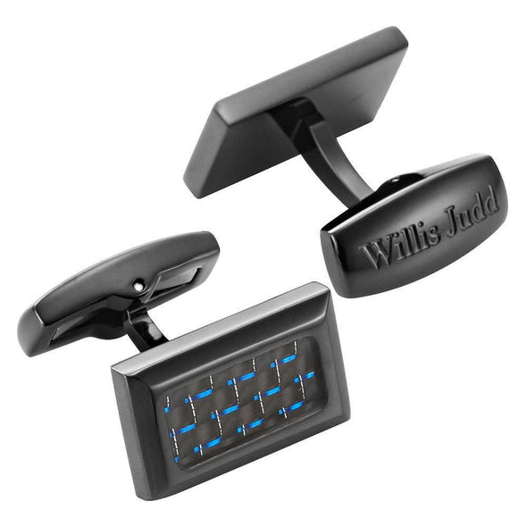 Willis Judd Men’s Black Stainless Steel with Blue Carbon FIber Cufflinks with Gift Pouch