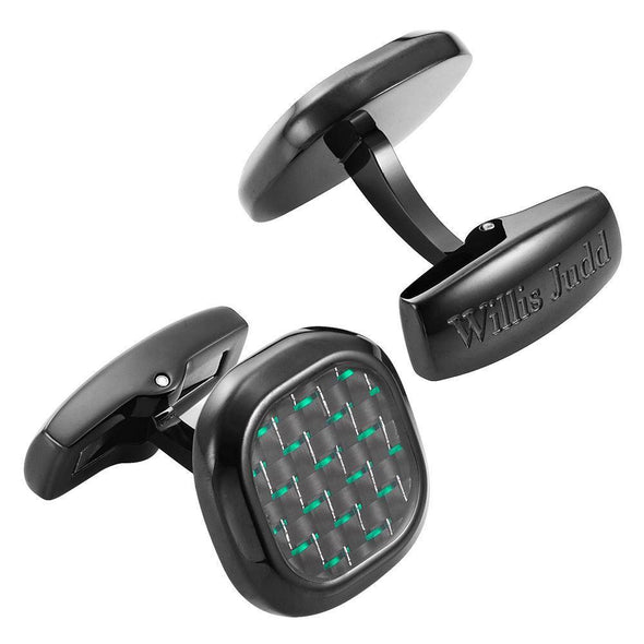 Willis Judd Men's Black Stainless Steel with Green Carbon fibre Cufflinks with Pouch